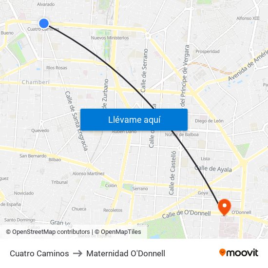 Cuatro Caminos to Maternidad O'Donnell map