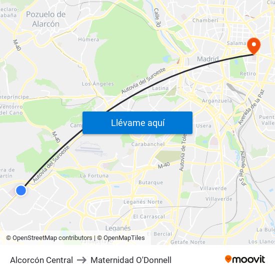 Alcorcón Central to Maternidad O'Donnell map