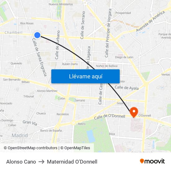 Alonso Cano to Maternidad O'Donnell map