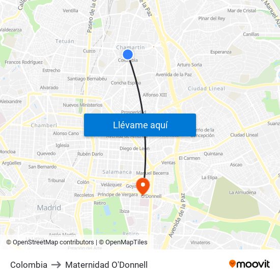 Colombia to Maternidad O'Donnell map