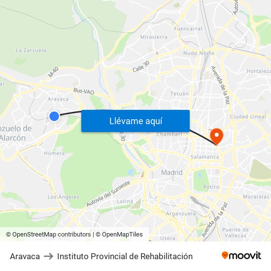 Aravaca to Instituto Provincial de Rehabilitación map