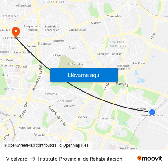 Vicálvaro to Instituto Provincial de Rehabilitación map