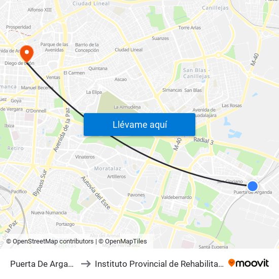 Puerta De Arganda to Instituto Provincial de Rehabilitación map