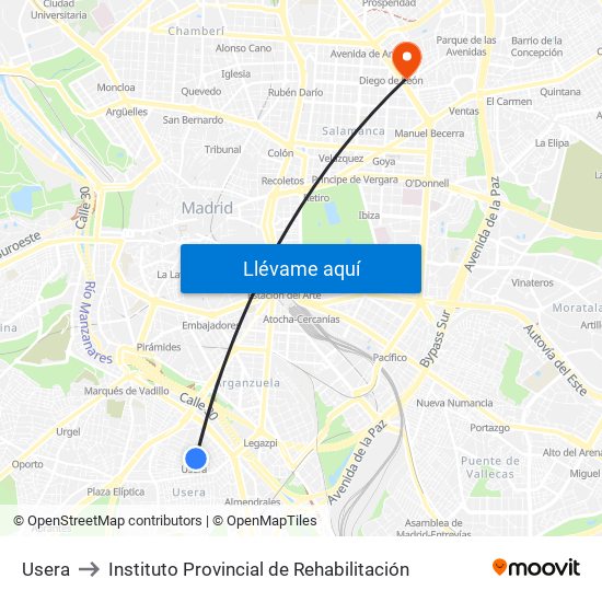 Usera to Instituto Provincial de Rehabilitación map