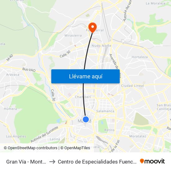 Gran Vía - Montera to Centro de Especialidades Fuencarral map
