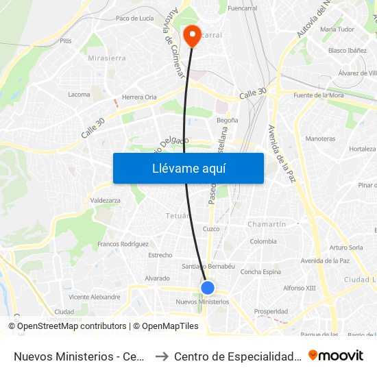 Nuevos Ministerios - Centro Comercial to Centro de Especialidades Fuencarral map