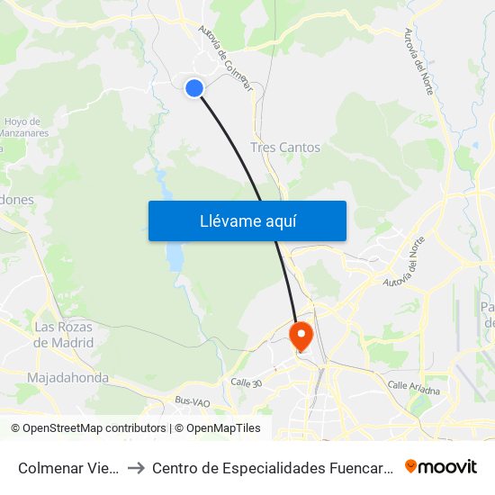 Colmenar Viejo to Centro de Especialidades Fuencarral map