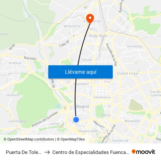 Puerta De Toledo to Centro de Especialidades Fuencarral map