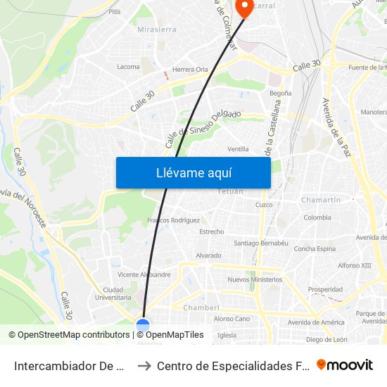Intercambiador De Moncloa to Centro de Especialidades Fuencarral map