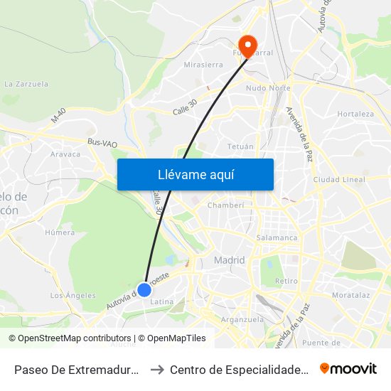 Paseo De Extremadura - El Greco to Centro de Especialidades Fuencarral map