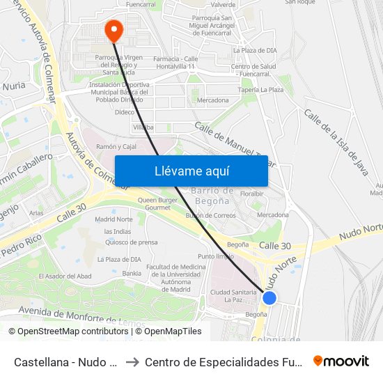Castellana - Nudo Norte to Centro de Especialidades Fuencarral map