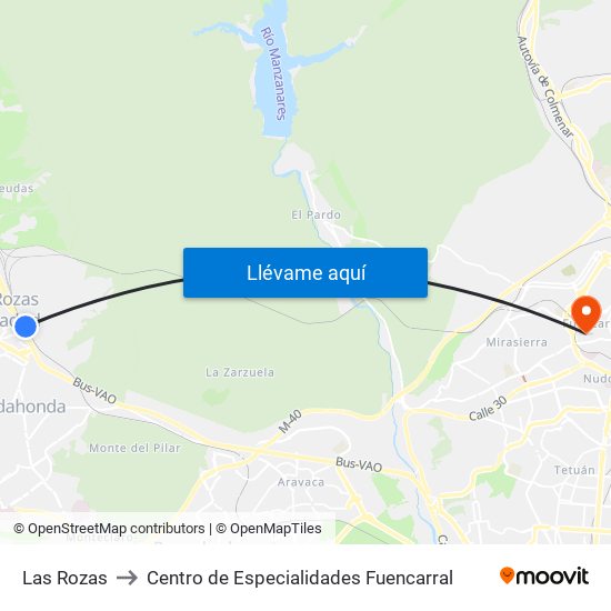 Las Rozas to Centro de Especialidades Fuencarral map