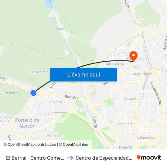 El Barrial - Centro Comercial Pozuelo to Centro de Especialidades Fuencarral map
