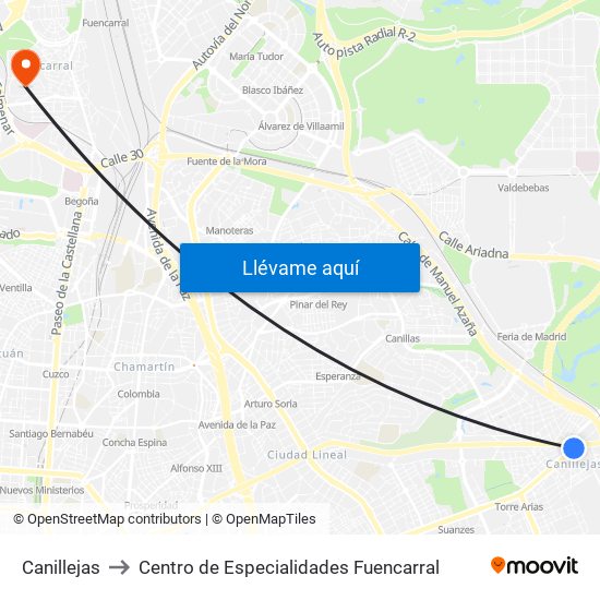 Canillejas to Centro de Especialidades Fuencarral map