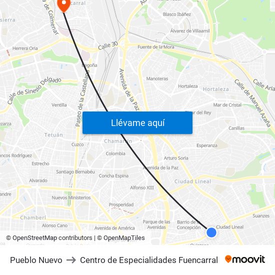 Pueblo Nuevo to Centro de Especialidades Fuencarral map