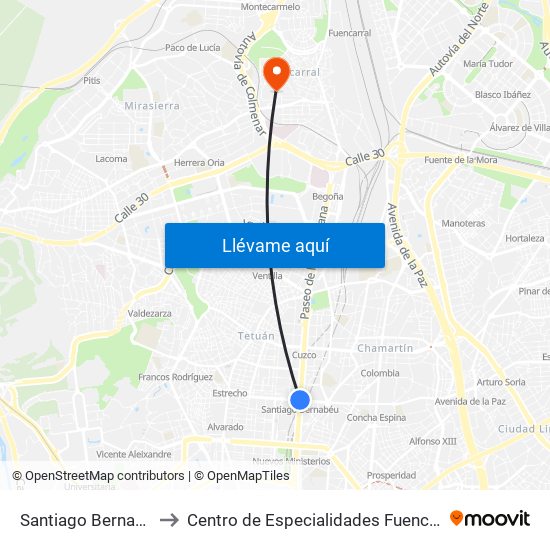 Santiago Bernabéu to Centro de Especialidades Fuencarral map