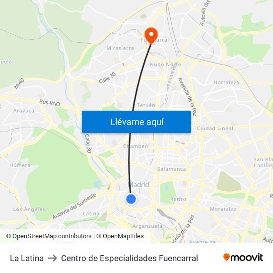 La Latina to Centro de Especialidades Fuencarral map