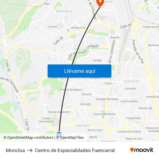 Moncloa to Centro de Especialidades Fuencarral map