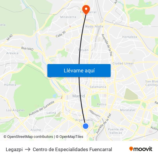 Legazpi to Centro de Especialidades Fuencarral map