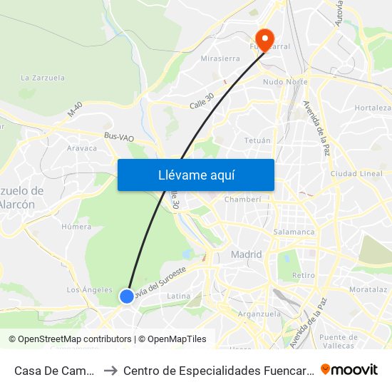 Casa De Campo to Centro de Especialidades Fuencarral map