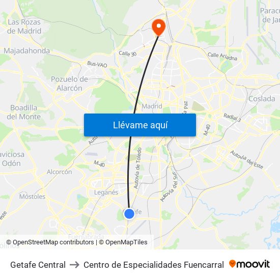 Getafe Central to Centro de Especialidades Fuencarral map