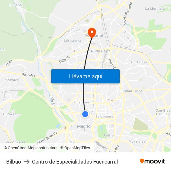 Bilbao to Centro de Especialidades Fuencarral map