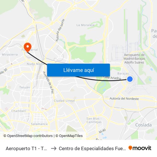 Aeropuerto T1 - T2 - T3 to Centro de Especialidades Fuencarral map