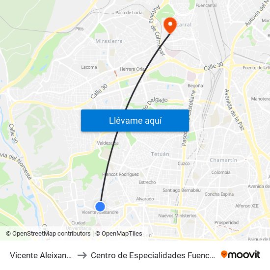 Vicente Aleixandre to Centro de Especialidades Fuencarral map
