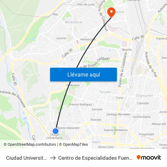 Ciudad Universitaria to Centro de Especialidades Fuencarral map