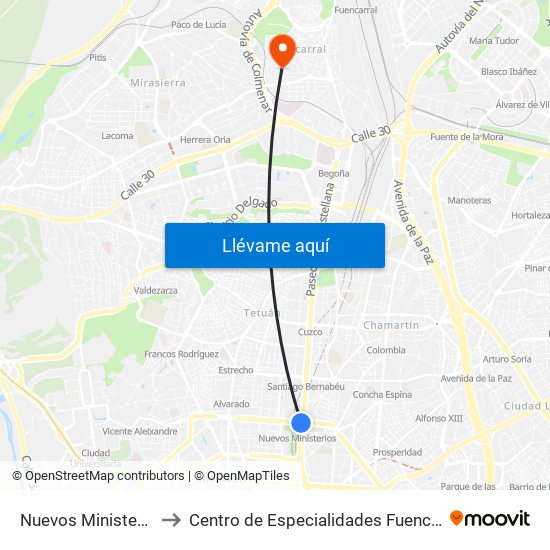 Nuevos Ministerios to Centro de Especialidades Fuencarral map