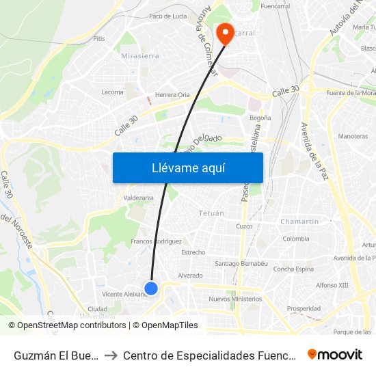 Guzmán El Bueno to Centro de Especialidades Fuencarral map
