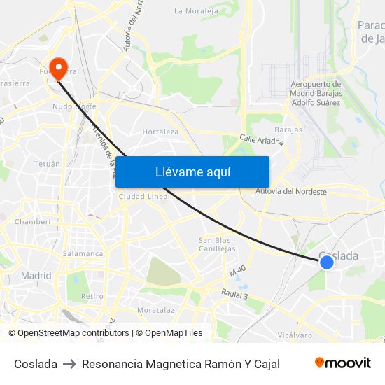 Coslada to Resonancia Magnetica Ramón Y Cajal map