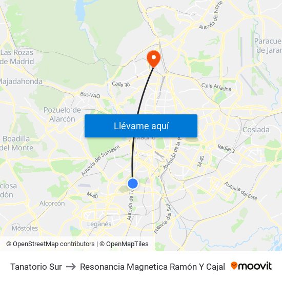 Tanatorio Sur to Resonancia Magnetica Ramón Y Cajal map