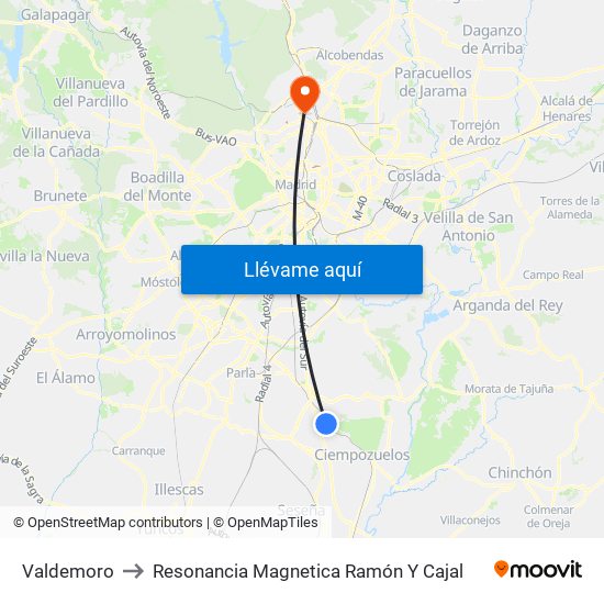 Valdemoro to Resonancia Magnetica Ramón Y Cajal map