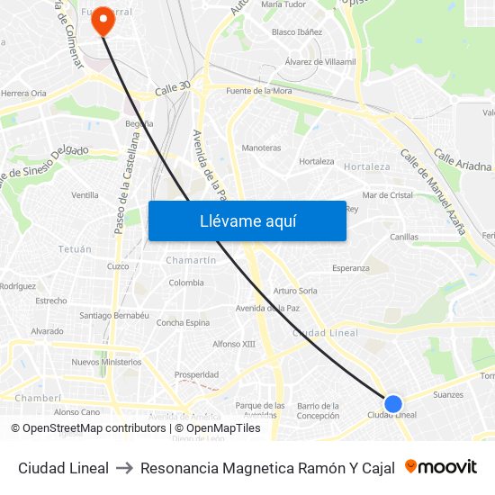 Ciudad Lineal to Resonancia Magnetica Ramón Y Cajal map