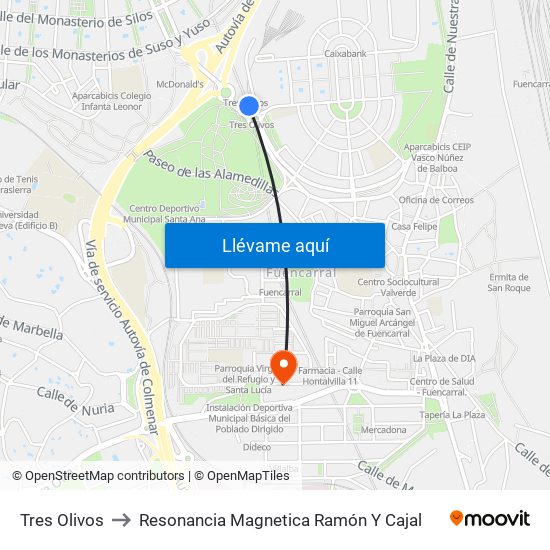 Tres Olivos to Resonancia Magnetica Ramón Y Cajal map