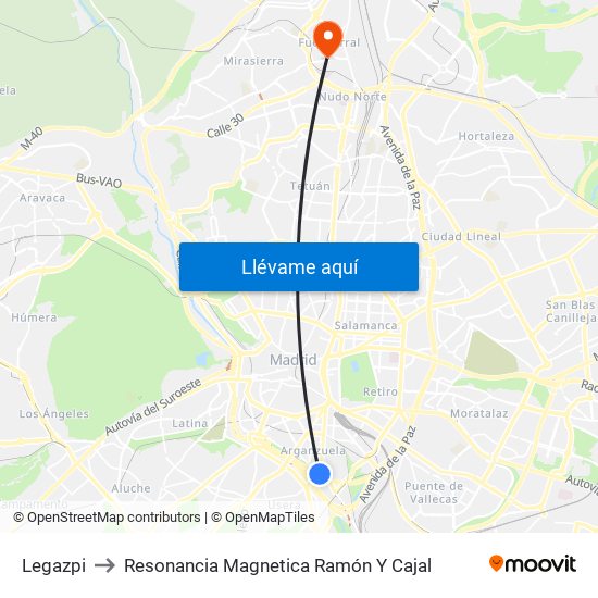 Legazpi to Resonancia Magnetica Ramón Y Cajal map