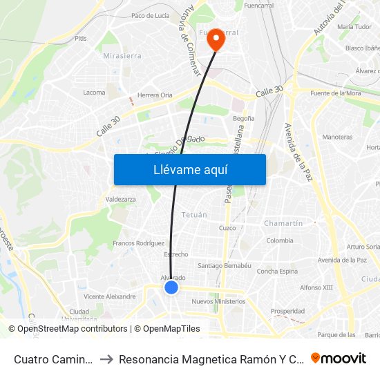 Cuatro Caminos to Resonancia Magnetica Ramón Y Cajal map