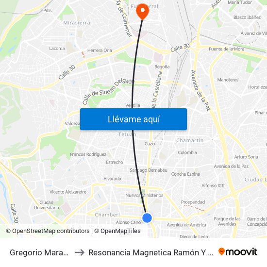 Gregorio Marañón to Resonancia Magnetica Ramón Y Cajal map