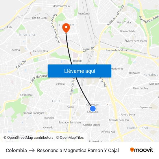 Colombia to Resonancia Magnetica Ramón Y Cajal map
