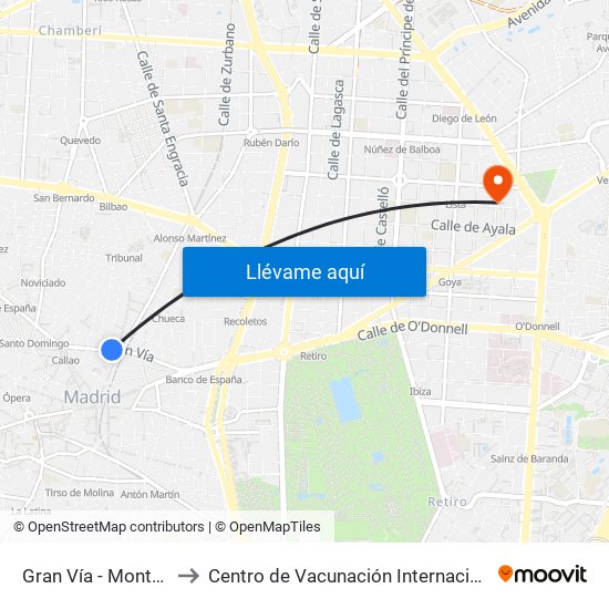 Gran Vía - Montera to Centro de Vacunación Internacional map