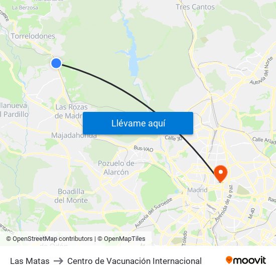 Las Matas to Centro de Vacunación Internacional map