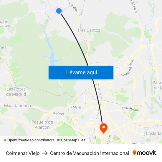 Colmenar Viejo to Centro de Vacunación Internacional map