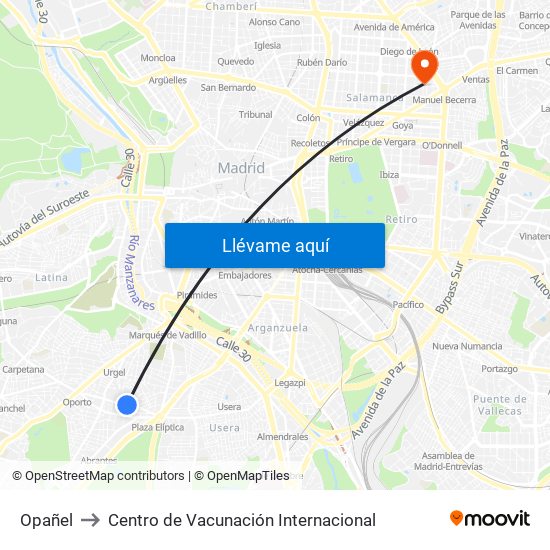 Opañel to Centro de Vacunación Internacional map