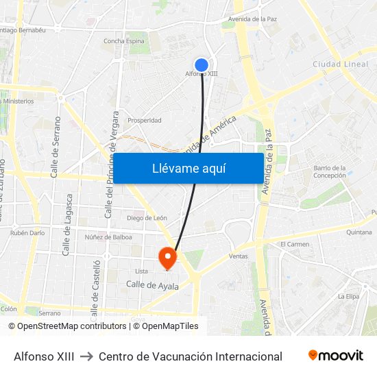 Alfonso XIII to Centro de Vacunación Internacional map