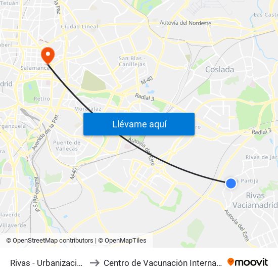 Rivas - Urbanizaciones to Centro de Vacunación Internacional map