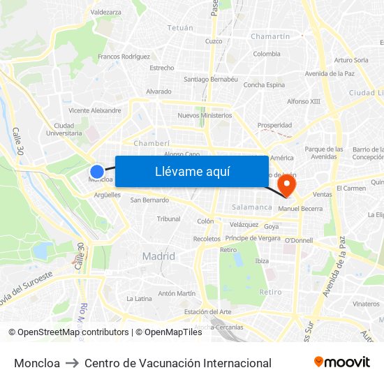 Moncloa to Centro de Vacunación Internacional map