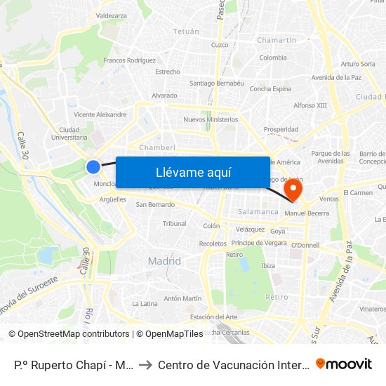 P.º Ruperto Chapí - Moncloa to Centro de Vacunación Internacional map