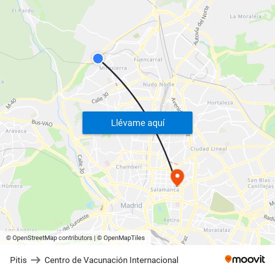 Pitis to Centro de Vacunación Internacional map