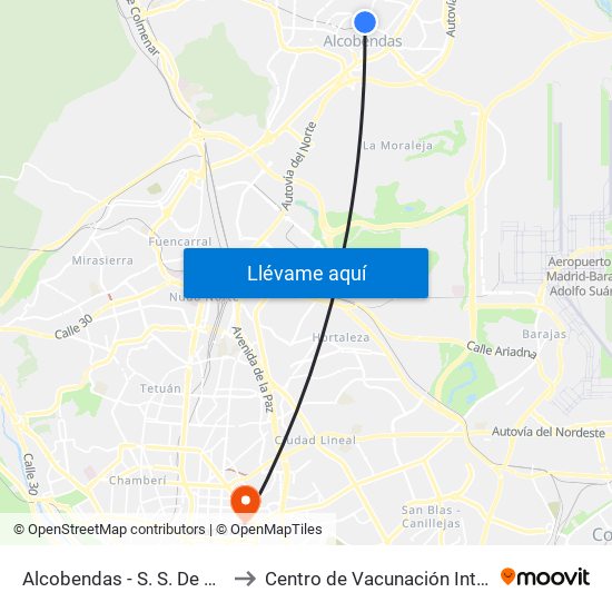 Alcobendas - S. S. De Los Reyes to Centro de Vacunación Internacional map